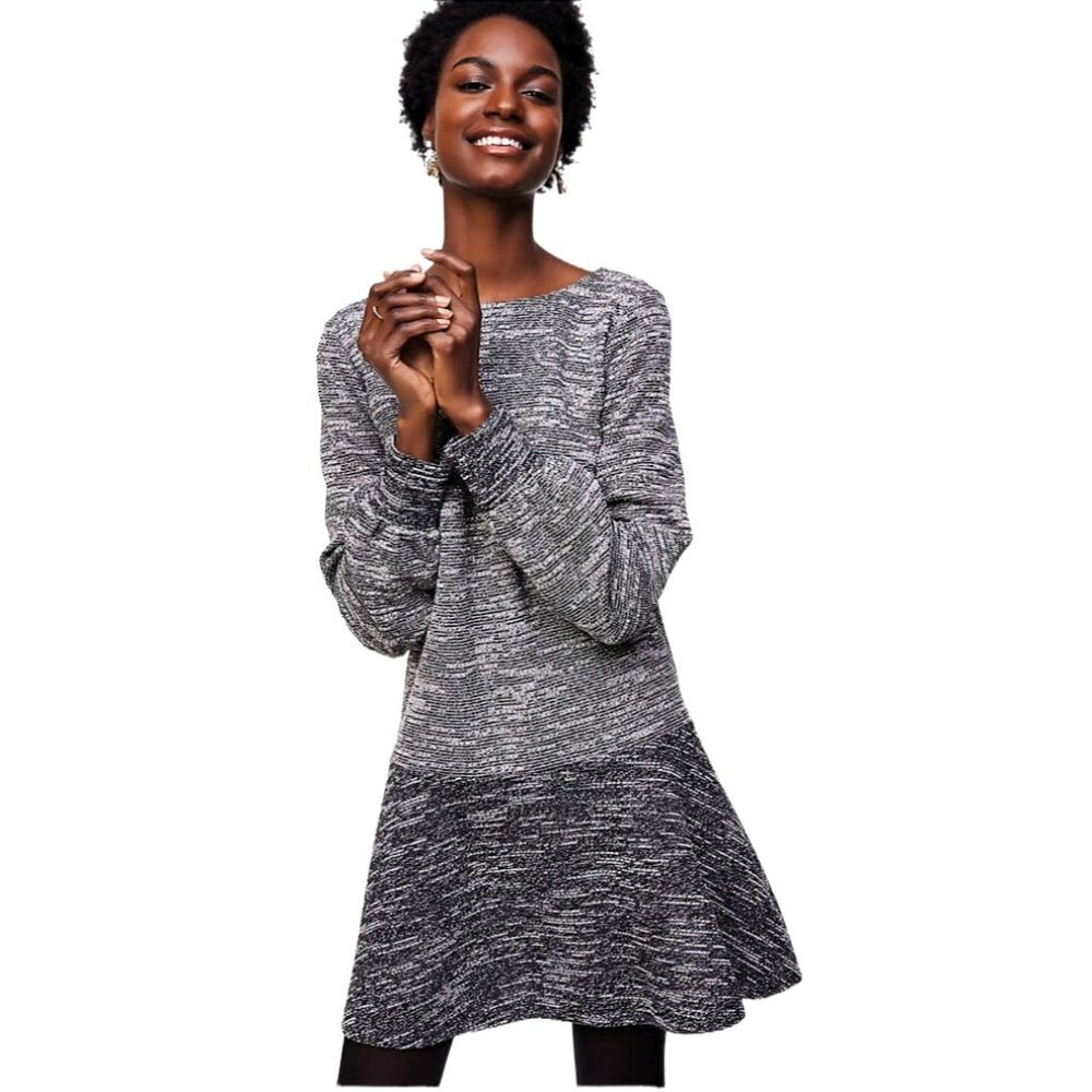 LOFT Women's Metallic Gray Sweater Dress, Medium, Balloon Sleeve, Fit & Flare
